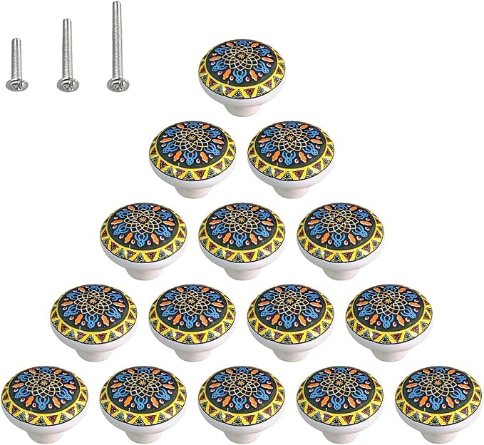 HUAMULAN 15 Pack Boheimian Retro Ceramic Knobs Vintage Dresser Button Shape Mushroom Boho Kitchen Petal Cabinet Pulls Cupboard Wardrobe Drawer Door Handles Glossy