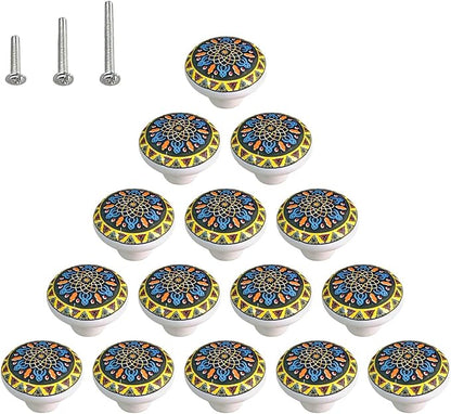 HUAMULAN 15 Pack Boheimian Retro Ceramic Knobs Vintage Dresser Button Shape Mushroom Boho Kitchen Petal Cabinet Pulls Cupboard Wardrobe Drawer Door Handles Glossy
