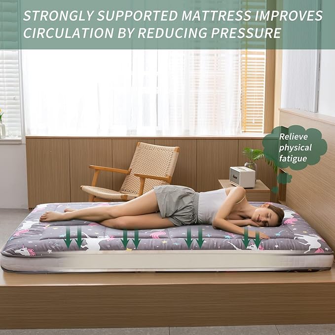 MAXYOYO Unicorn Pattern Futon Mattress, Full Size Japanese Floor Mattress Quilted Bed Mat Topper, Extra Thick Folding Sleeping Pad Breathable Guest Bed for Camping Couch