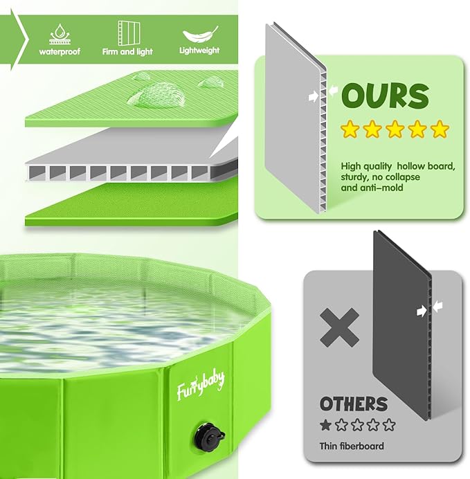 Furrybaby Dog Pool, Kiddie Pool with Hard Plate Collapsible Pet Bath Foldable Swimming Pet Pool Portable Green 32''-Mewly Pet