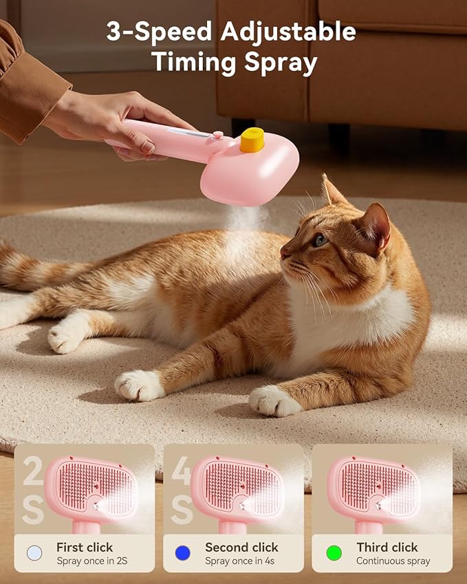 ROJECO 3-in-1 Pet Steam Brush for Cats&Dogs - Detangling Comb with Adjustable Mist, Handheld Deshedding Grooming Tool for Long/Short Hair, Massage Brush & Shedding Control Gift,Cordless,Pink-Mewly Pet