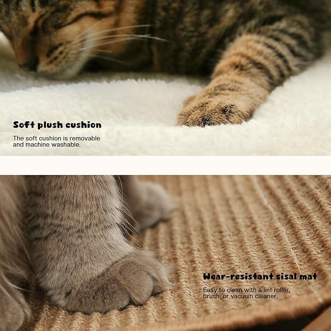 Cat Hammock Bed, Wooden Elevated Cat Beds with Natural Sisal Scratching Mat, Cats Scratcher Bed with Removable Soft Cushion, Cats Scratching Beds with Wood Frames, 22" L x 17.7" W-Mewly Pet