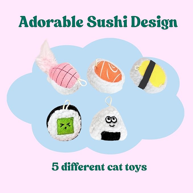 5 Pack Sushi Cat Toys, Interactive Catnip with Bells Inside Kitten Boredom Relief, Soft and Durable, Indoor Kitty Exercise Pet Toys-Mewly Pet