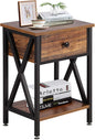 VECELO Modern Versatile Nightstands X-Design Side End Table Night Stand Storage Shelf with Bin Drawer for Living Room Bedroom, Brown+Black