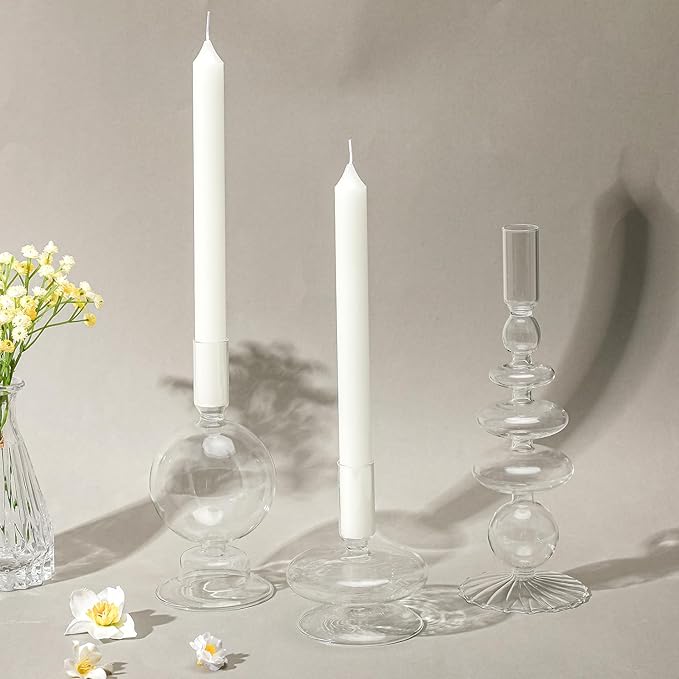 Rtteri 3 Pcs Glass Candlestick Holders Glass Candle Holders Groovy Wavy Elegant Taper Candle Stick for Wedding Home Birthday Party Christmas Halloween Decoration Windowsill Decor(Clear)