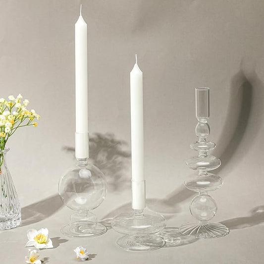 Rtteri 3 Pcs Glass Candlestick Holders Glass Candle Holders Groovy Wavy Elegant Taper Candle Stick for Wedding Home Birthday Party Christmas Halloween Decoration Windowsill Decor(Clear)