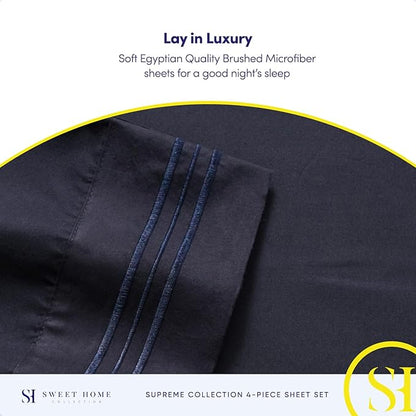 Split King Sheets - Breathable Luxury Sheets with Full Elastic & Secure Corner Straps Built In - 1800 Supreme Collection Extra Soft Deep Pocket Bedding Set, Sheet Set, Split King Size, Navy
