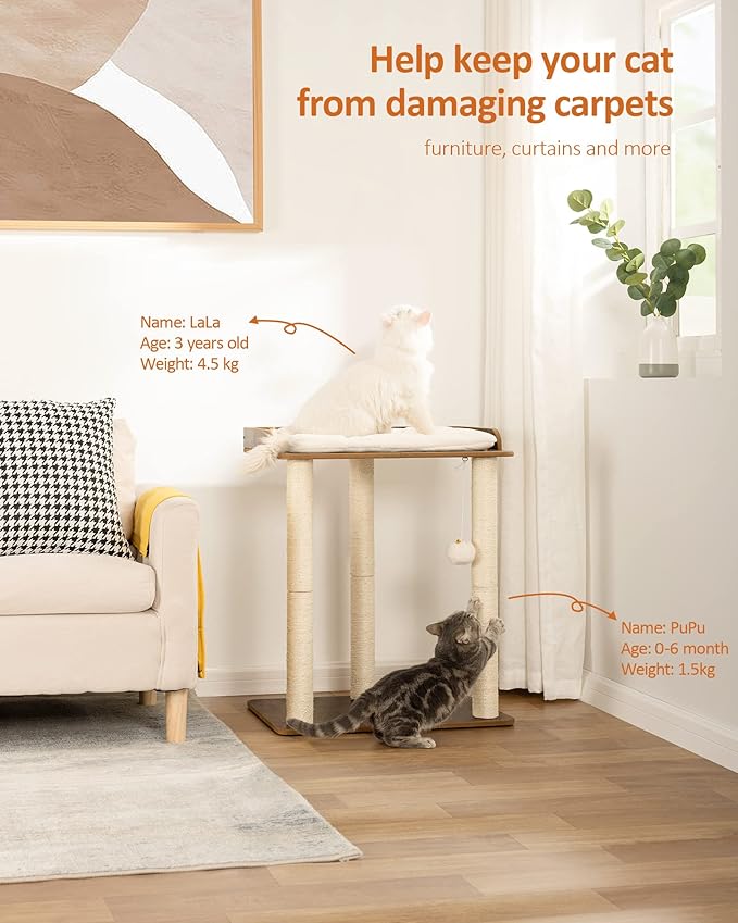 FourFurPets 26.7in Large Cat Tree Tower Condo, Cat Scratch Posts for Indoor Cats, Big Plate, Three 23.6in Full Sisal Scratching Posts, Rustic Brown-Mewly Pet