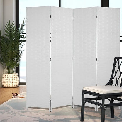 Room Divider Wood Screen Wood Mesh Woven Design Room Divider Folding Portable Partition Screen for Home Office (4 Panel, White)