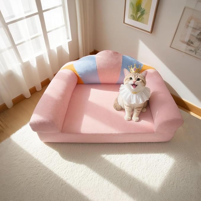 Cute Cat Couch with Soft Pillow, Supportive Dog Couch, Cat Sofa with Removable Cover，Cute Rainbow Shaped, 24 Inch-Mewly Pet