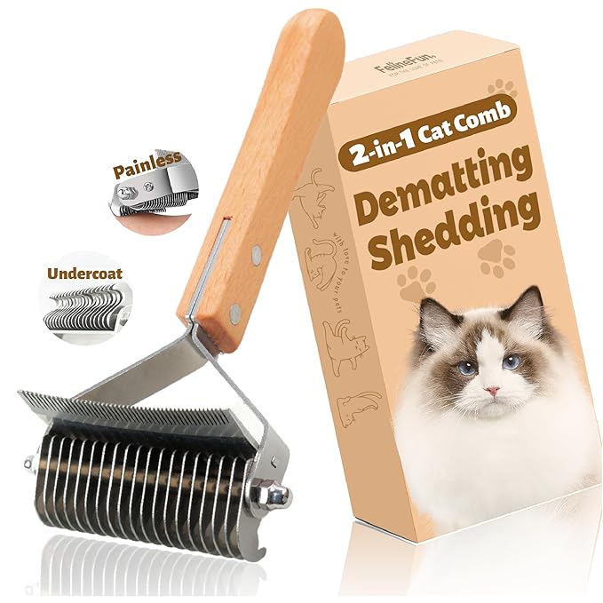 FelineFun Cat Brush for Dematting & Deshedding, 2 in 1 Undercoat Rake, Efficiently Remove Loose Hair & Matted Fur, Professional Shedding Comb for Indoor Cats & Long Haired Cats-Mewly Pet