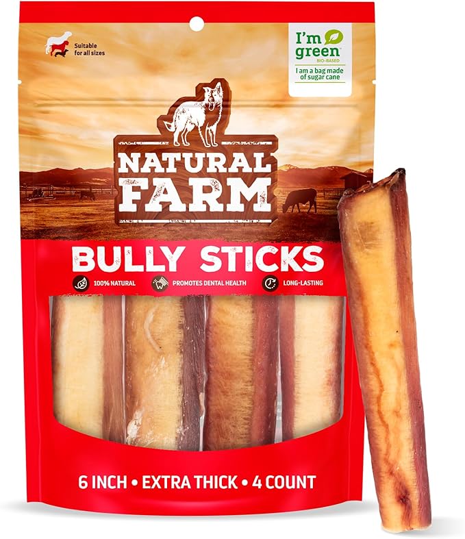 Natural Farm Jumbo Bully Sticks (6 Inch, 4 Pack), Odor Free, Extra-Thick Dog Chews - Fully Digestible 100% Beef Treats, Supports Dental Health, Keep Your Dog Busy with 50% Longer Lasting Chews-Mewly Pet
