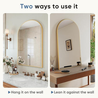 DUMOS Gold Metal Arch Vanity Rounded Rectangle Bathroom Mirrors for Over Sink Wall, 24x37 Inch Large Matte Mirror, Modern Decorative for Restroom, Farmhouse