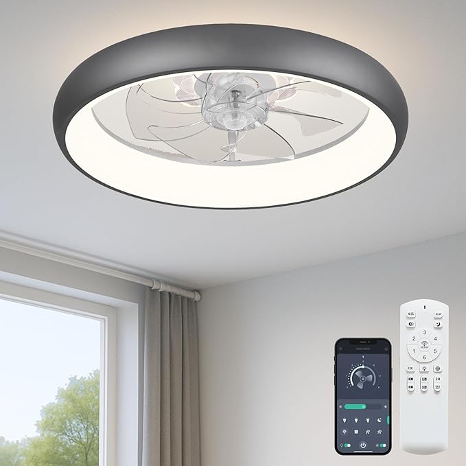 20'' Ceiling Fan with Light, Upgraded Low Profile Fan, Flush Mount Ceiling Fan, 6 Speeds, Dimmable LED, App & Remote Control, Quiet DC Motor, for Bedroom, Living Room, F109 Grey