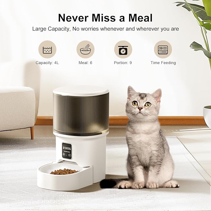 Darlipet Automatic cat Feeder,4L Auto cat Feeder,Programmable Meal & Portions,Freshness Protection, Automatic Cat Food Dispenser for Cats & Dogs, Back-up Battery, Easy to Set up & Clean-Mewly Pet