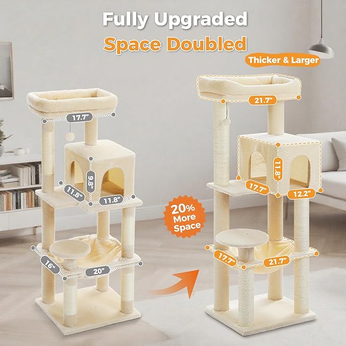 Large Cat Tree with Reinforced Scratching Posts (φ3.1in) for Big Adult Cats 30 lbs, 57.8" Heavy Duty Cat Tower with Larger Hammock and Condo, Cat Furniture for Maine Coon, Plush,Beige-Mewly Pet