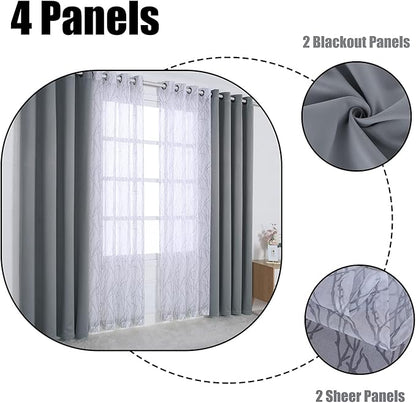 BONZER Mix and Match Curtains - 2 Pieces Branch Print Sheer Curtains and 2 Pieces Blackout Curtains for Bedroom Living Room Grommet Window Drapes, 54x108 Inch/Panel, Light Grey, Set of 4 Panels