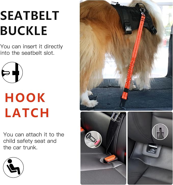 AUBELL Dog Seat Belt for Car,2 Pack Set 3-in-1 Adjustable Reflective Bungee Heavy Duty Dog Car Harness Tether with Clip Hook Latch & Buckle,Swivel Zinc Alloy Carabiner,Black+Orange-Mewly Pet
