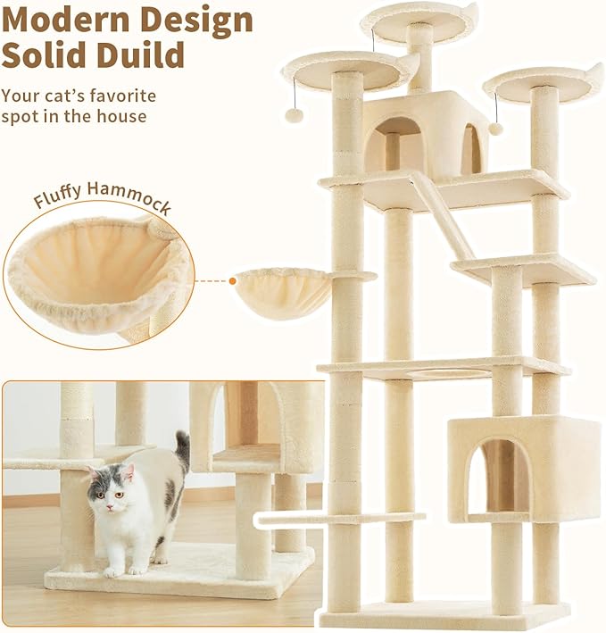 Made4Pets Tall Cat Tree, 80" Cat Tree Tower for Indoor Cats Large Adult, Modern Cat Tower with Scratching Post, Cozy Hammock, 3 Perches and 2 Condos, Sturdy and Fluffy, Beige-Mewly Pet