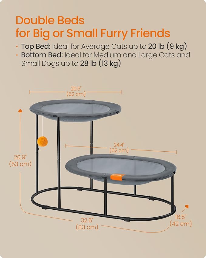 Feandrea 2-Tier Elevated Cat Hammock Bed, Breathable Furniture for Multi-Cat Households Indoor and Outdoor, with Removable Washable Mesh, Steel Frame, for Summer, Dove Gray UPCB012G01-Mewly Pet