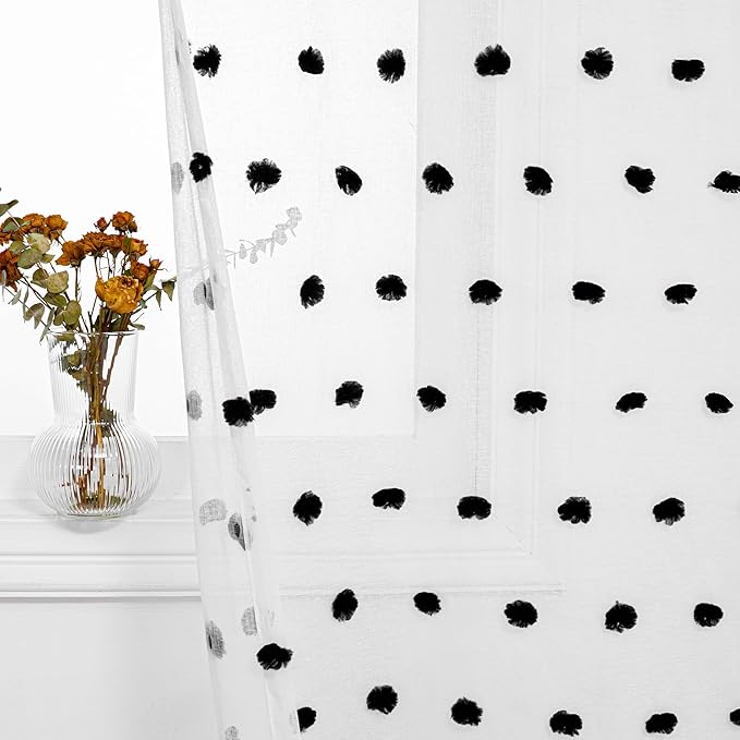 MYSKY HOME 45 Inches Black Pom Pom Sheer Curtains, 2 Panels, 52"W x 45"L, Bedroom, Kitchen, Nursery Room, Rod Pocket, Modern, Unisex, Halloween, Art, Polyester, Sheer, 2 Count