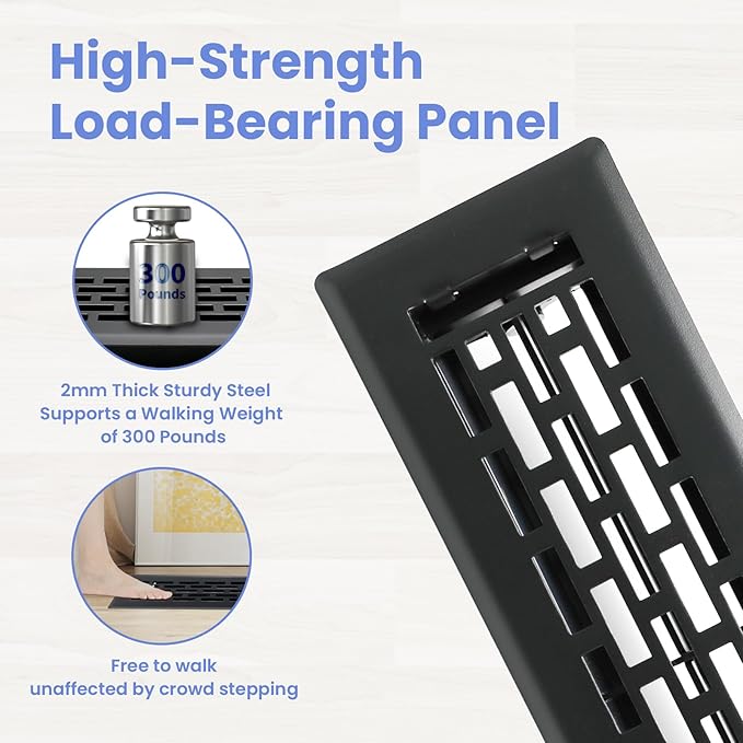 2x12 Inches Heavy Duty Walkable Floor Register - Easy Adjust Air Supply Lever Decorative Floor Vent Covers - Boston Design Vent Covers for Home - Matte Black