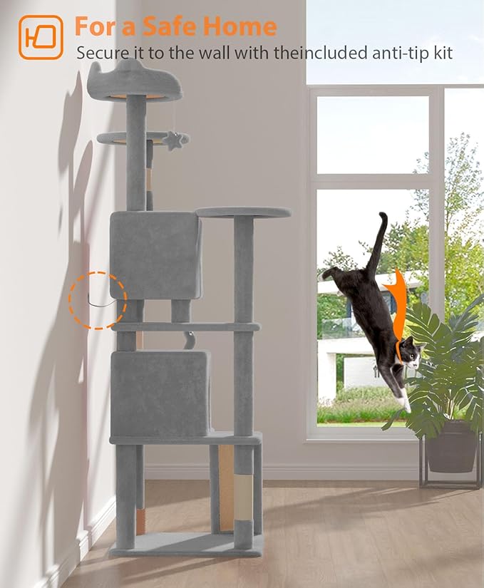 70'' Cat tree Tower for Indoor Cats Large Adult,Cute/Tall Modern Cat Tree for Big Cats 20 lbs,Plush Multi-Level Cat Condo with Scratching Posts,Dangling Ball for fun play(Light Gray, 70 inch)-Mewly Pet