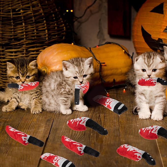 8pcs Catnip Toy, Indoor Knife Shaped Cat Toy Horror Plush Interactive Chew Bite Toys for Halloween Christmas Cat Kitten Indoor Festive Holiday Cat Lover Gift-Mewly Pet