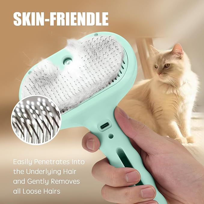 3-in-1 Pet Steam Brush, Grooming Comb with Water Tank for Cats and Dogs, Long and Short Hair (Green)-Mewly Pet