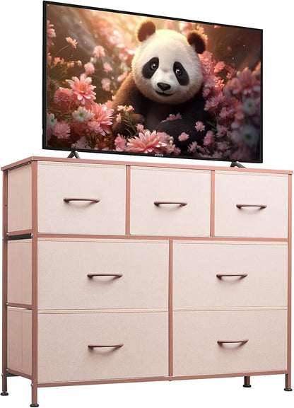 WLIVE 7 Drawer Dresser TV Stand, Entertainment Center, Media Console Table with Metal Frame and Wood Top for TV up to 45 inch, Chest of Drawers for Bedroom, Living Room, Pink