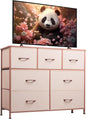 WLIVE 7 Drawer Dresser TV Stand, Entertainment Center, Media Console Table with Metal Frame and Wood Top for TV up to 45 inch, Chest of Drawers for Bedroom, Living Room, Pink