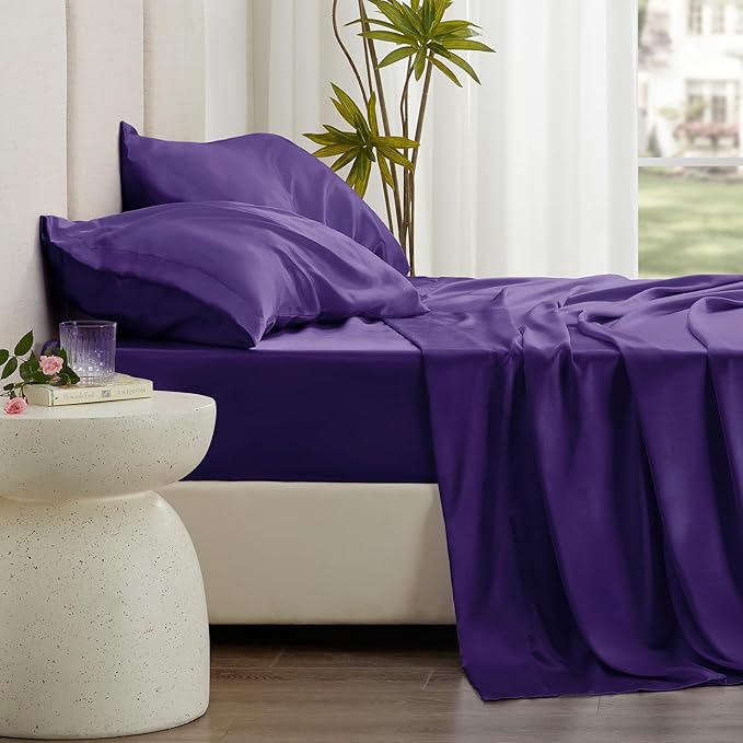 Love's cabin Full Size Satin Sheet Sets - 4 Piece Purple Silky Sheet Set Full with Deep Pocket, Luxury Silk Feel Bed Sheets Full Bedding Set (1 Flat Sheet,1 Fitted Sheet,2 Pillow Cases)