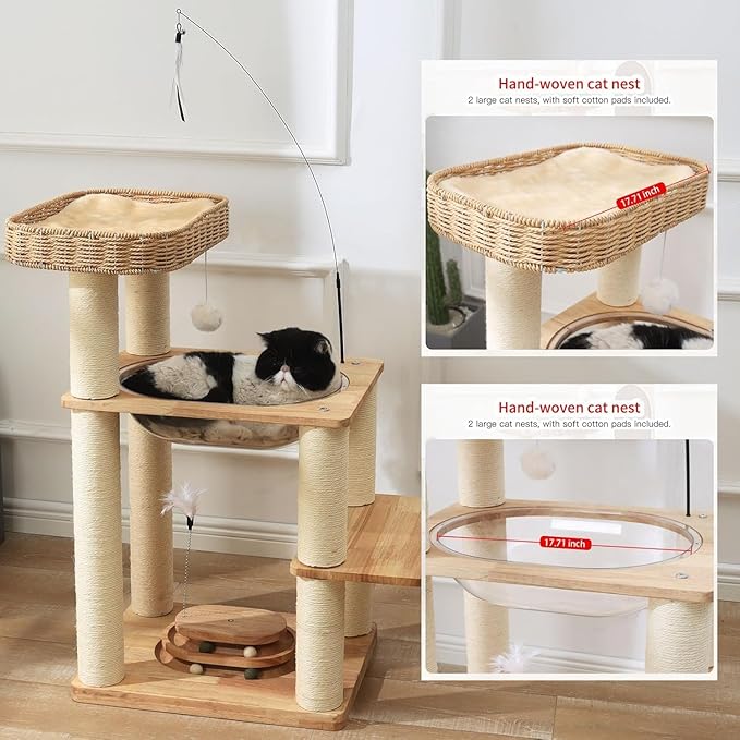 34 Inch Solid Wood Cat Tree Tower with Space Capsule, Hand-Woven Basket Nest, Feather Toy, Hanging Balls, Sisal Posts, 4-Tier Indoor Climbing Cat Tower for Kittens-Mewly Pet