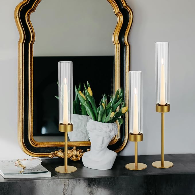 Glass Hurricane Candle Holders Set (6pcs)-Gold Metal Base Taper Candle Stick Holders for Candlesticks Holder Decor, Elegant Dining Table Centerpiece for Wedding, Christmas & Home Decor-Ribbed Glass
