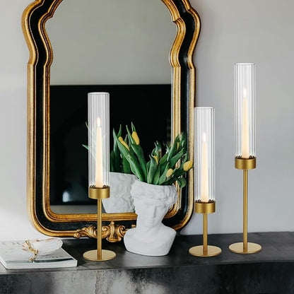 Glass Hurricane Candle Holders Set (6pcs)-Gold Metal Base Taper Candle Stick Holders for Candlesticks Holder Decor, Elegant Dining Table Centerpiece for Wedding, Christmas & Home Decor-Ribbed Glass