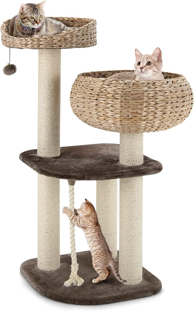 Tangkula Modern Cat Tree for Indoor Cats, Small/Tall Cat Tower with Natural Sisal Scratching Post, Hand-Made Wicker Cat Condo & Top Perch, Funny Hanging Toy Ball, Cute Cat Tree Tower for Large Cats-Mewly Pet