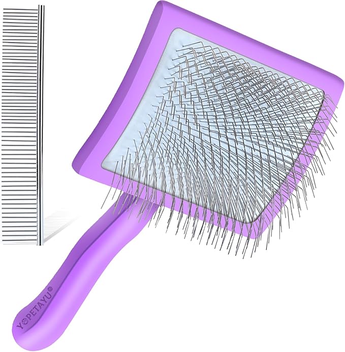 Dog Slicker Brush for Shedding and Grooming Medium or Long Haired Cats, Extra Long & Soft Pin Slicker Brush for Removes Loose Hair, Tangles, Knots, Undercoat, Free Pet Comb, Large Purple-Mewly Pet