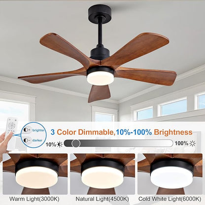 42 Inch Ceiling Fans with Lights and Remote Control, Outdoor Ceiling Fan for Patios, Black Ceiling Fan with Lights for Bedroom, Noiseless DC Motor, Dimmable Led 5 Solid Wood Blades