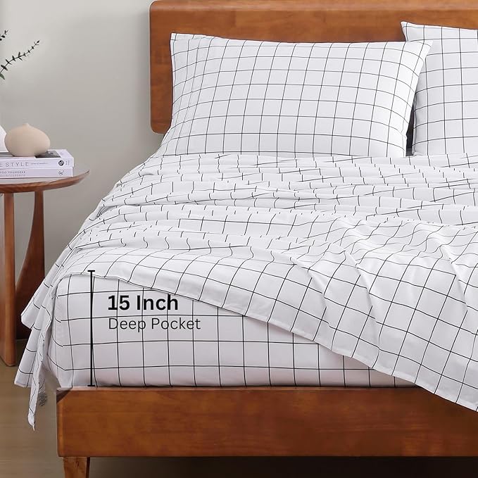 LANE LINEN 100% Organic Cotton Full Size Bed Sheets, Eco Friendly Fully Elasticized Okeo Tex Certified Printed Cotton Sheets Full, Percale Weave Soft & Comfy Comes in Variety of Prints - Windowpane