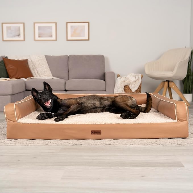 FurHaven Orthopedic Dog Sofa Bed – Memory Foam Couch with Bolsters, Textured Plush & Water-Resistant Cover, Washable Cover, Joint Support - Camel, Jumbo Plus-Mewly Pet