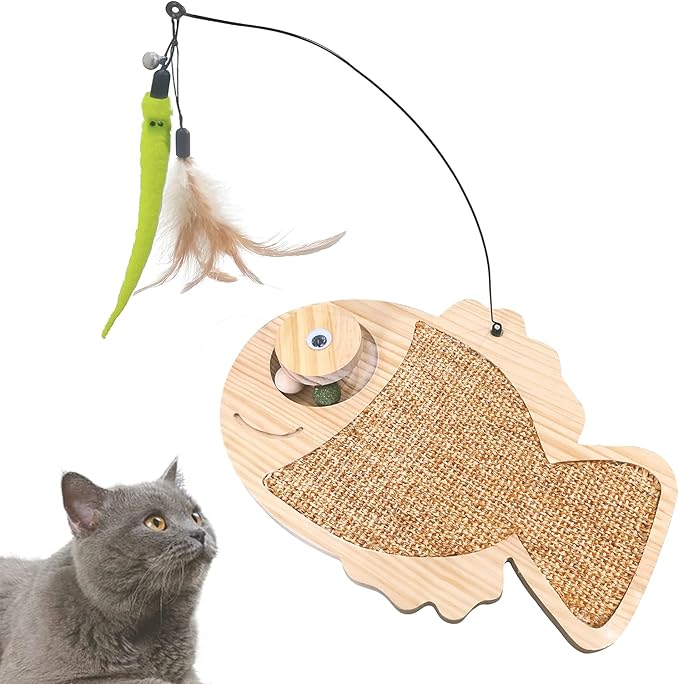 Petest Interactive Cat Toy Natural Sisal Cat Scratcher Toy with Catnip Balls, Fish Design-Mewly Pet