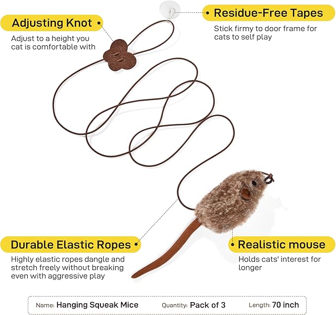 Potaroma Hanging Cat Mice Toys 3 Pcs with Squeaky Sound, Interactive Cat Teaser Retractable, Cat Toys Indoor Kitten Play Chase Exercise, Mental Physical Stimulation-Mewly Pet