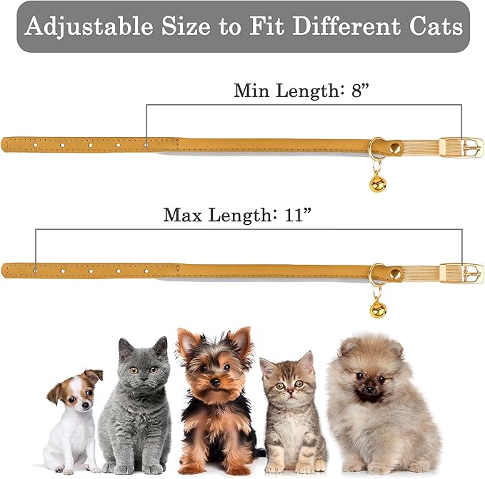 OOPSDOGGY Rolled Leather Cat Collar with Bell - Reflective Kitten Collar with Safety Elastic Strap - Adjustable Small Pet Collars for Boy Girl Cats (Camel)-Mewly Pet