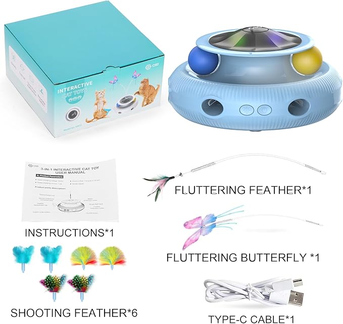 Automatic Interactive Cat Toys for Indoor Cats & Bored Adults - Kitten Toys with Fluttering Butterfly, Ambush Feather & Track Balls - Exercise & Stimulation for Playful Cats (Sky Blue)-Mewly Pet