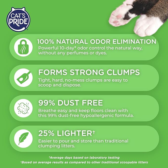 Cat's Pride Max Power: Natural Care - Up to 10 Days of Powerful Odor Control - 100% Natural Odor Elimination - Hypoallergenic - 99% Dust Free - Multi-Cat Clumping Litter, Unscented, 15 Pounds-Mewly Pet