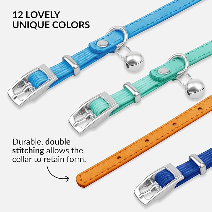 CollarDirect Leather Cat Collar with Bell - Kitten Collar, Small and Big Cat Strap for Boy Cats, Girl Cats with Safety Elastic Strap (Neck Fit 6"-7", Orange)-Mewly Pet