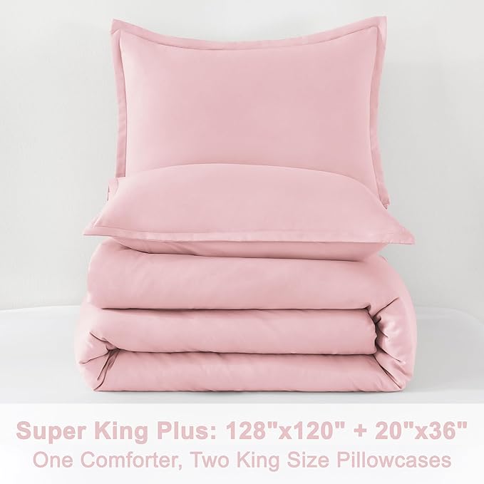 Litanika Comforters Pink Super King Plus Size, 3 Pieces Lightweight Solid Bedding Set & Collections, All Season Fluffy Bed Set (128x120In Comforter & 2 Pillowcases)