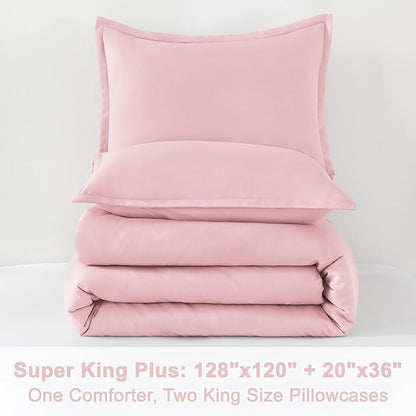Litanika Comforters Pink Super King Plus Size, 3 Pieces Lightweight Solid Bedding Set & Collections, All Season Fluffy Bed Set (128x120In Comforter & 2 Pillowcases)
