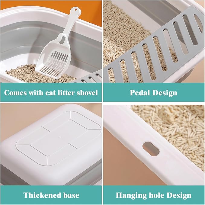 Cat Litter Box for Travel, 18"×14" Grey Small Litter Box for Open Foldable Waterproof Litter Pan,Kitty Litter Box Easy to Clean and Assemble, Portable Litter Box with Scoop-Mewly Pet