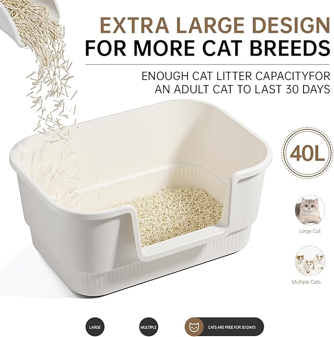 Cat Litter Box with Litter Mat and Scoop,High Wall Enclosed Cat Litter Boxes for Anti-Leakage, Covered Kitty Litter Box with Handle and Buckles for Portability and Privacy, Odor Control (White)-Mewly Pet
